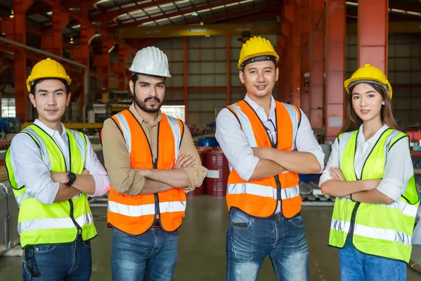 Cuatro ingenieros industriales en Alemania posando usando chalecos y cascos