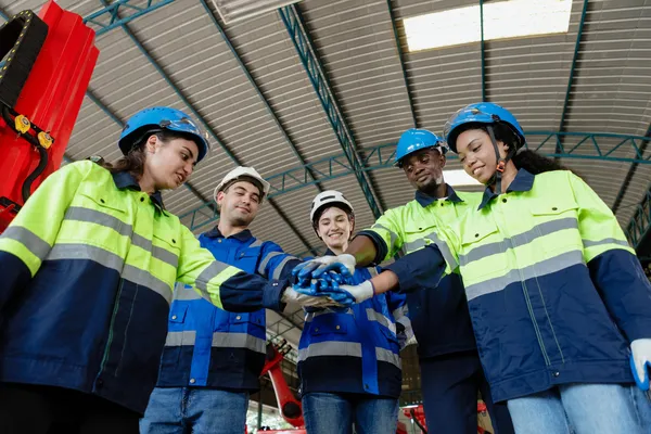 Grupo de ingenieros industriales con casco azul reunidos en un círculo juntando sus manos