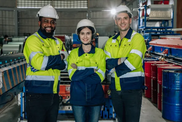 Tres ingenieros industriales en Alemania usando cascos blancos y uniforme